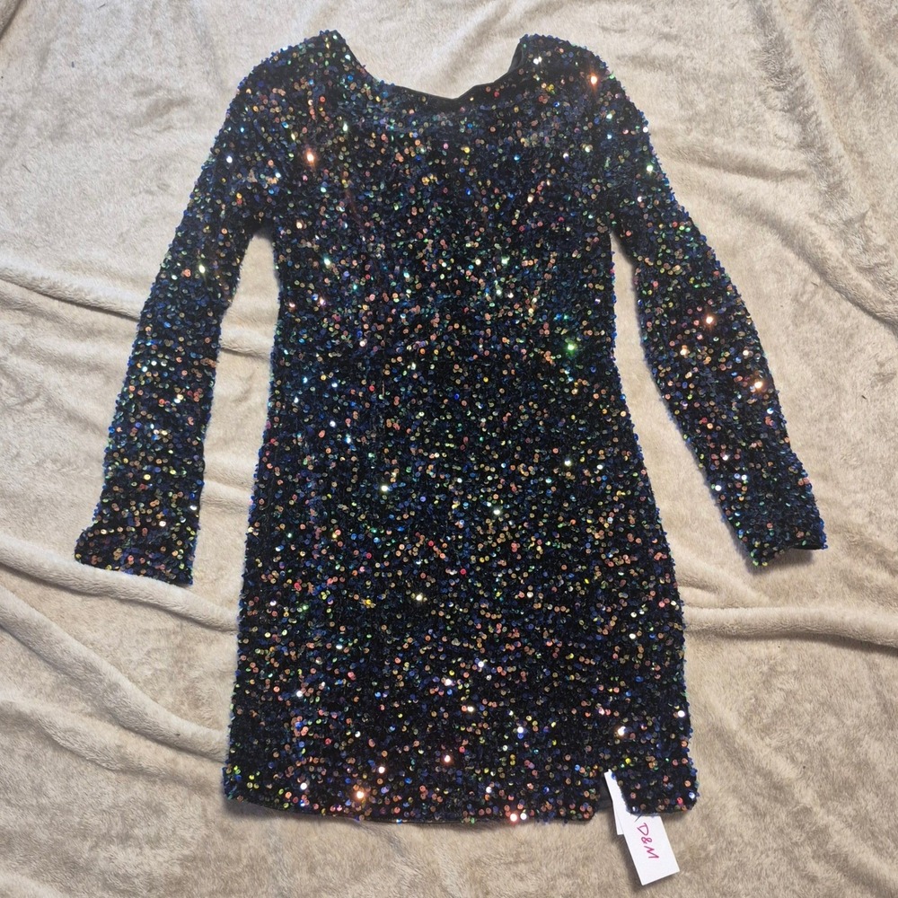 D&M Iridescent Sequin Open Back Mini Dress Long Sleeve Party Cocktail Black L